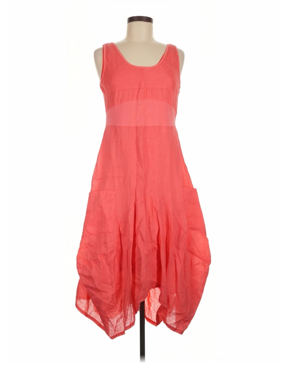 SUNDANCE Linen Crew Neck Dress, Pockets, Bubble Skirt, Size Medium, Coral